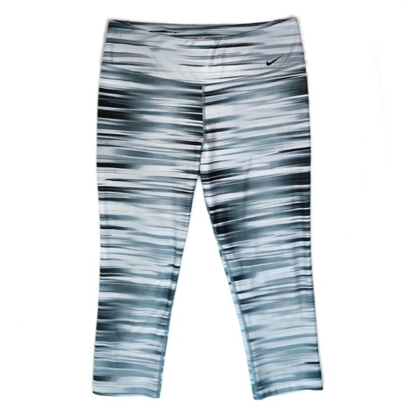 Nike Dri-Fit Grey & White Cropped Workout Leggings Tights Large Pantalon Collant - Picture 1 of 10
